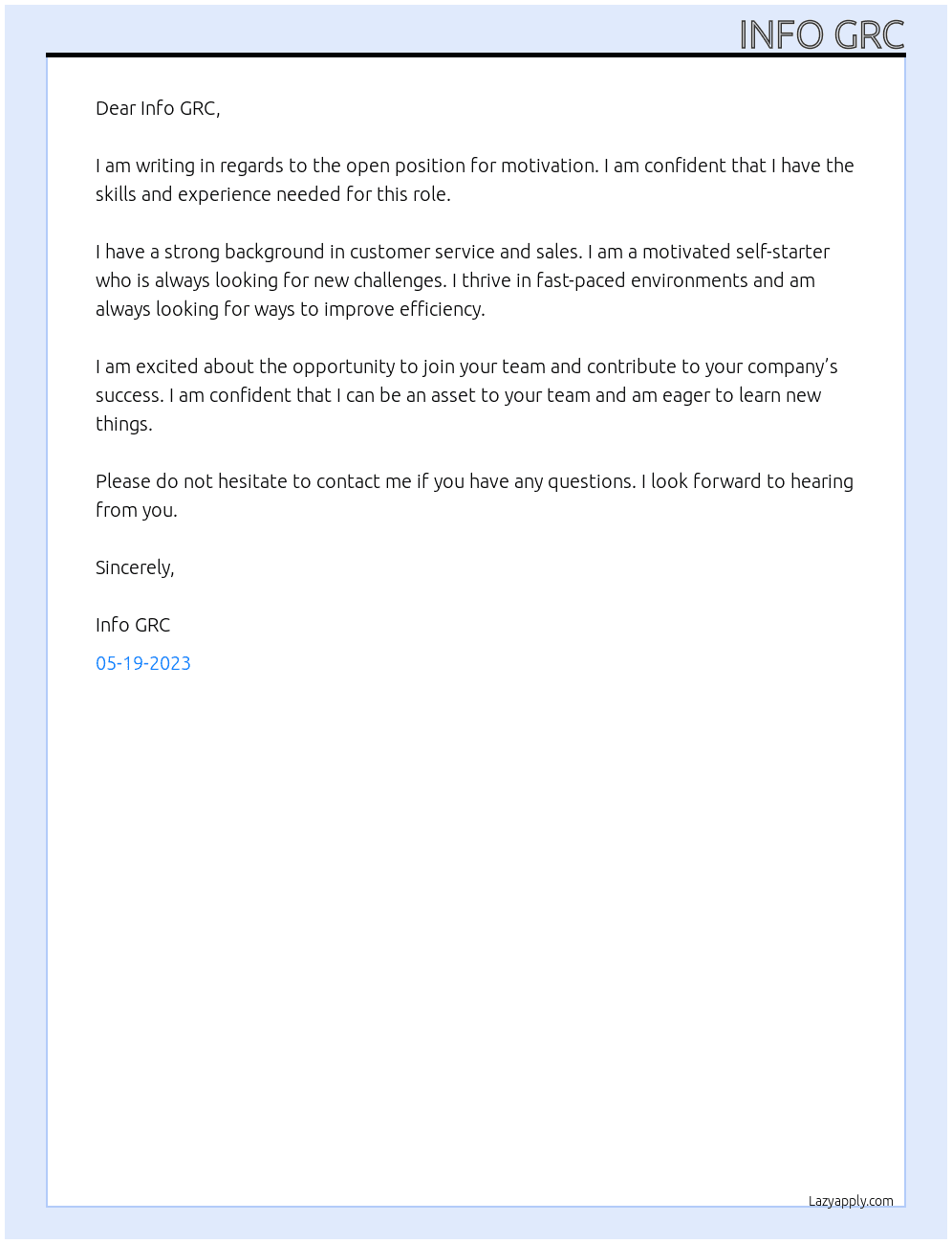 motivation At info grc Cover Letter