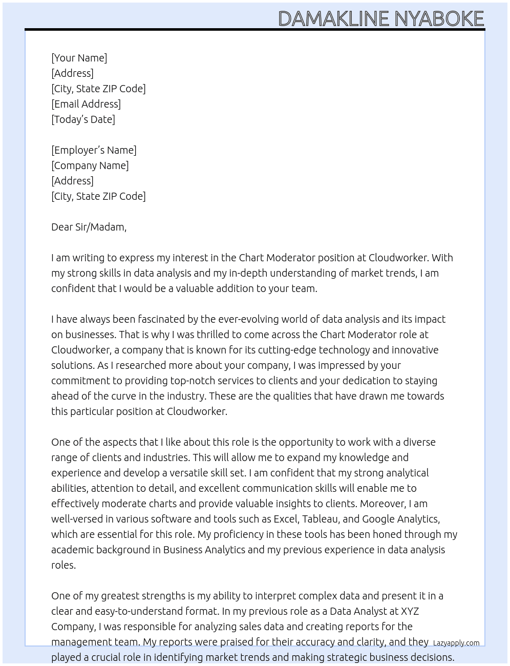 CHART MODERATOR At CLOUDWORKER Cover Letter