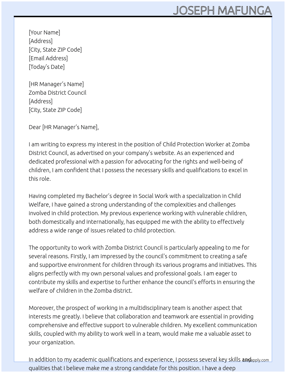 Child protection worker At Zomba District Council  Cover Letter