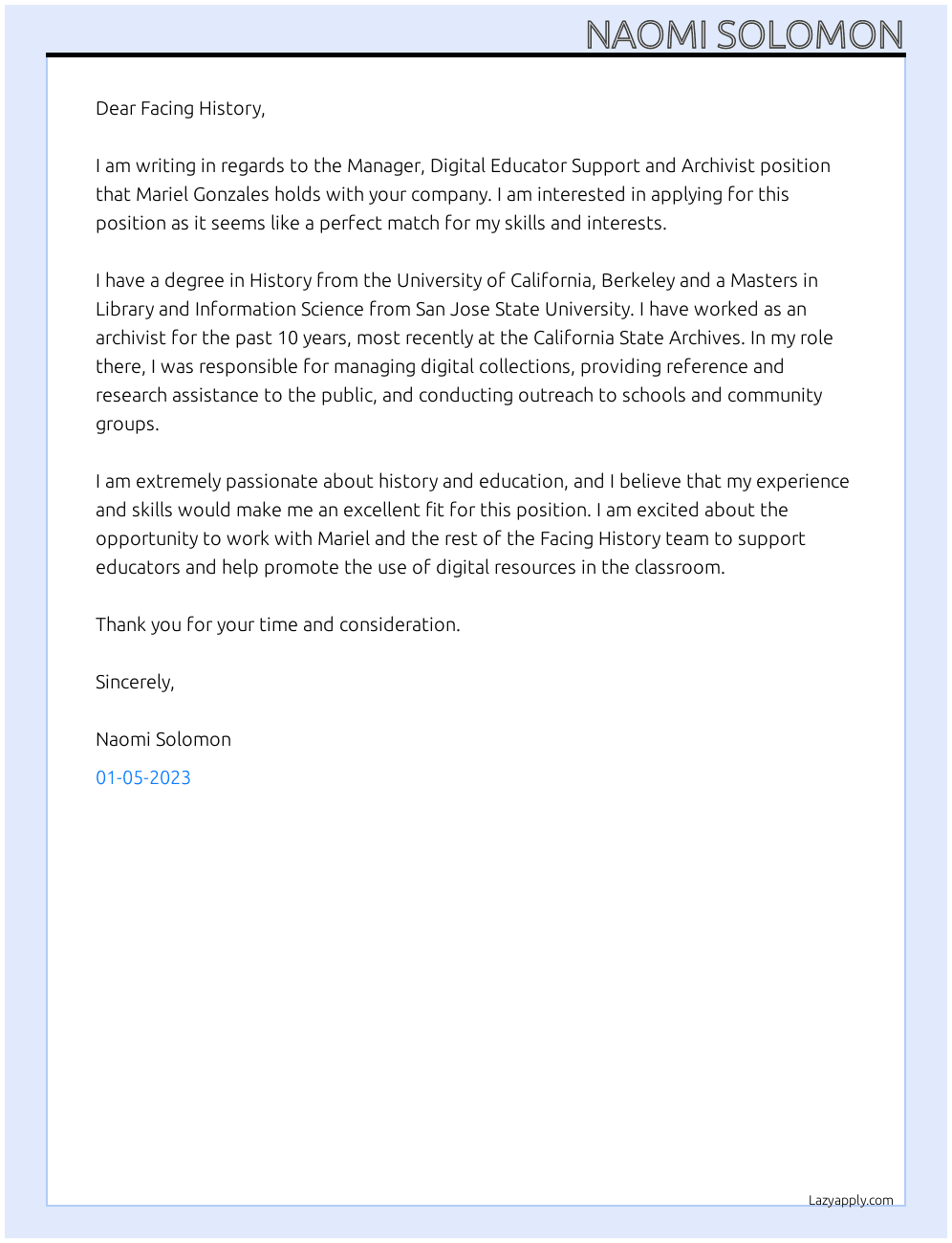 Manager, Digital Educator Support and Archivist At Facing History Cover Letter