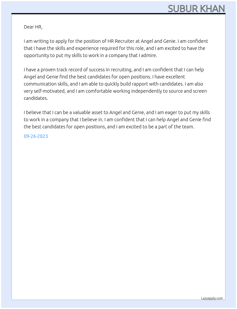HR RECRUITER At angel and genie Cover Letter