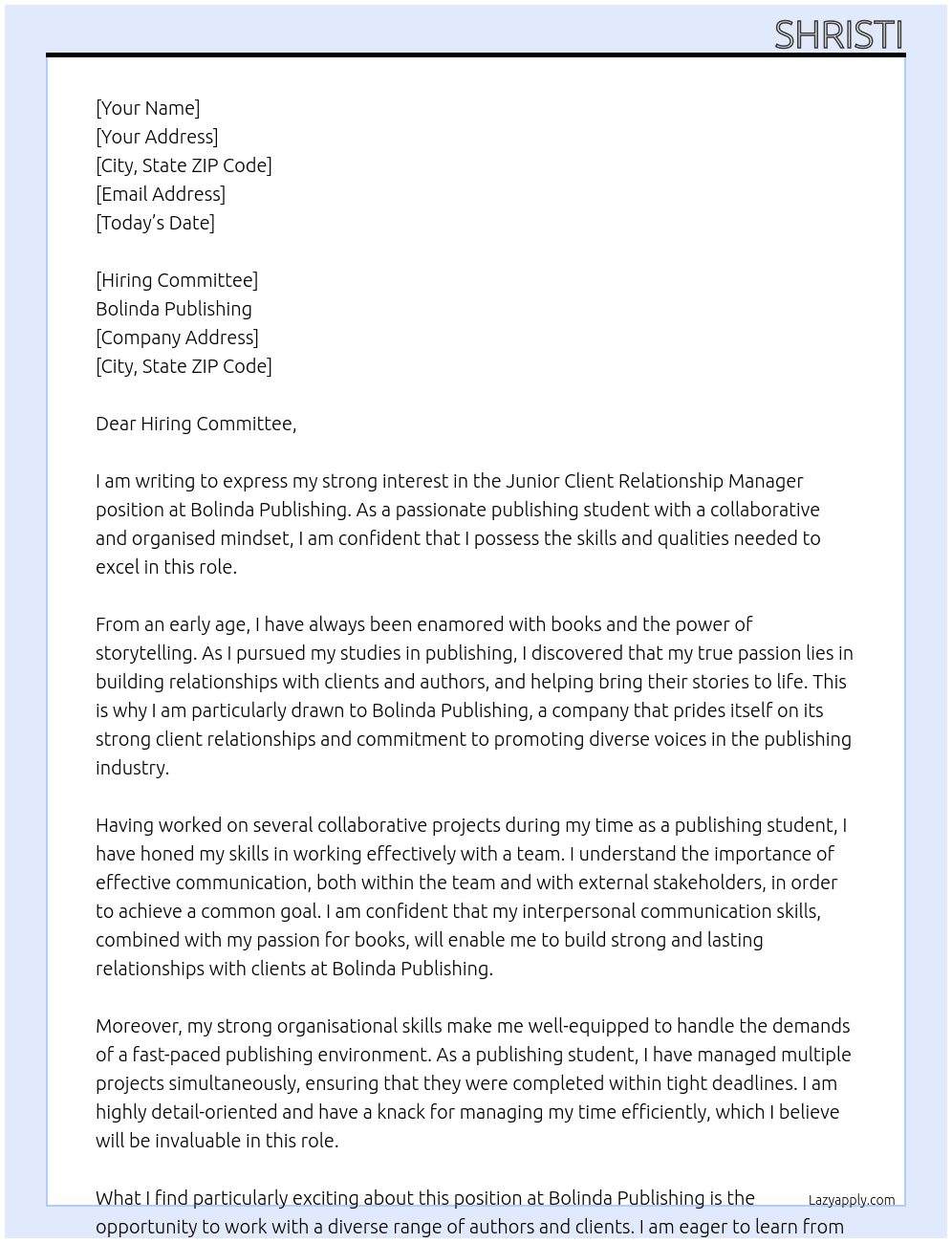 Junior Client Relationship manager At Bolinda publishing Cover Letter