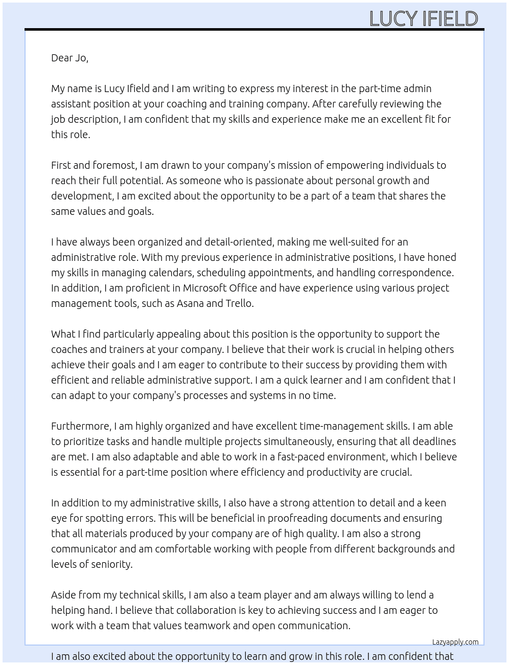 part time admin assistant position  At coaching and training company Cover Letter
