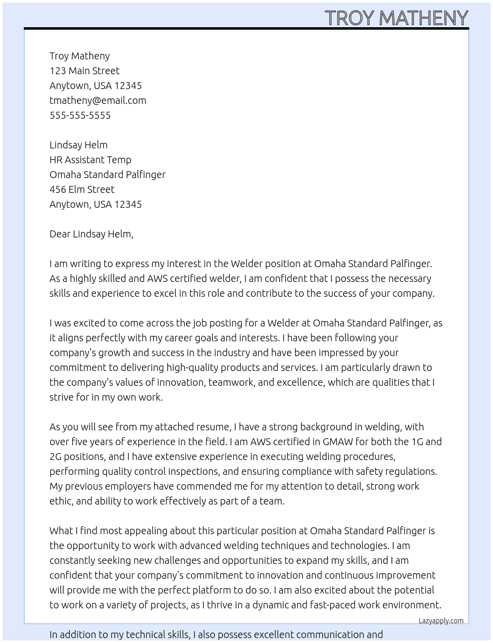 Welder At Omaha Standard Palfinger Cover Letter