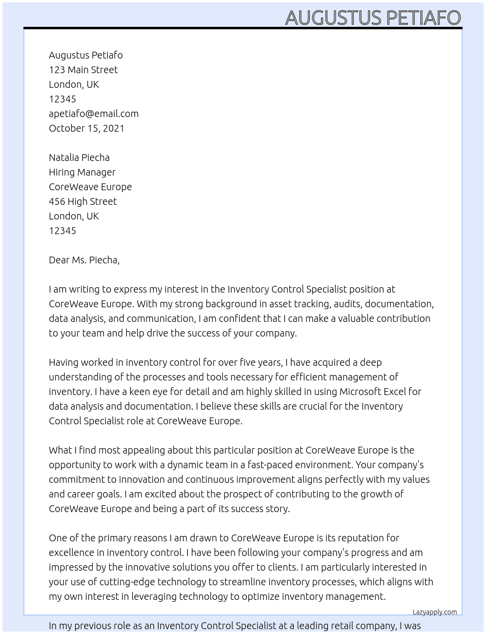 Inventory Control Specialist At CoreWeave Europe Cover Letter