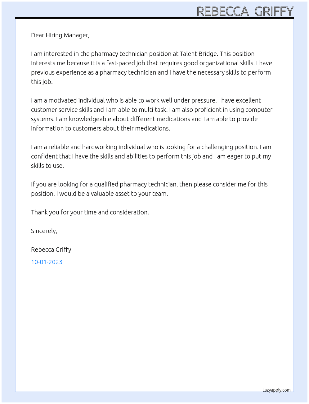Pharmacy Technician  At Talent bridge  Cover Letter