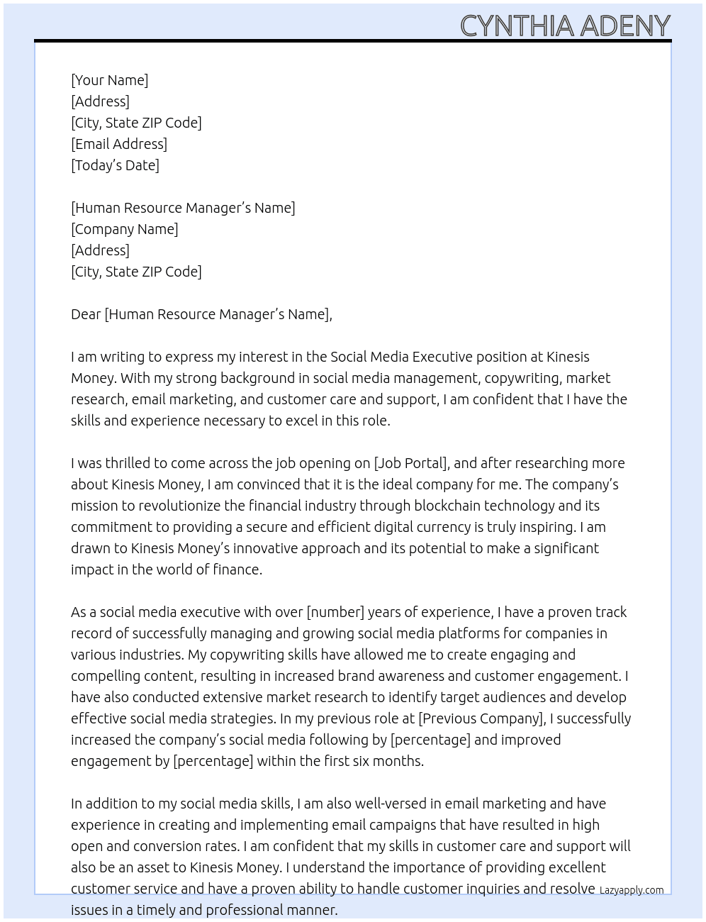 Social media executive At Kinesis Money Cover Letter