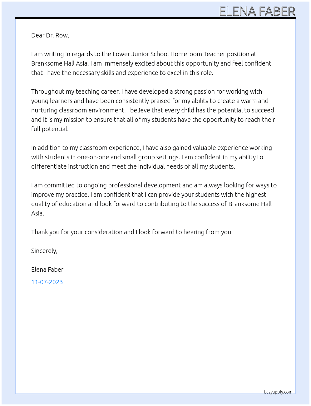Lower Junior School Homeroom Teacher At Branksome Hall Asia Cover Letter
