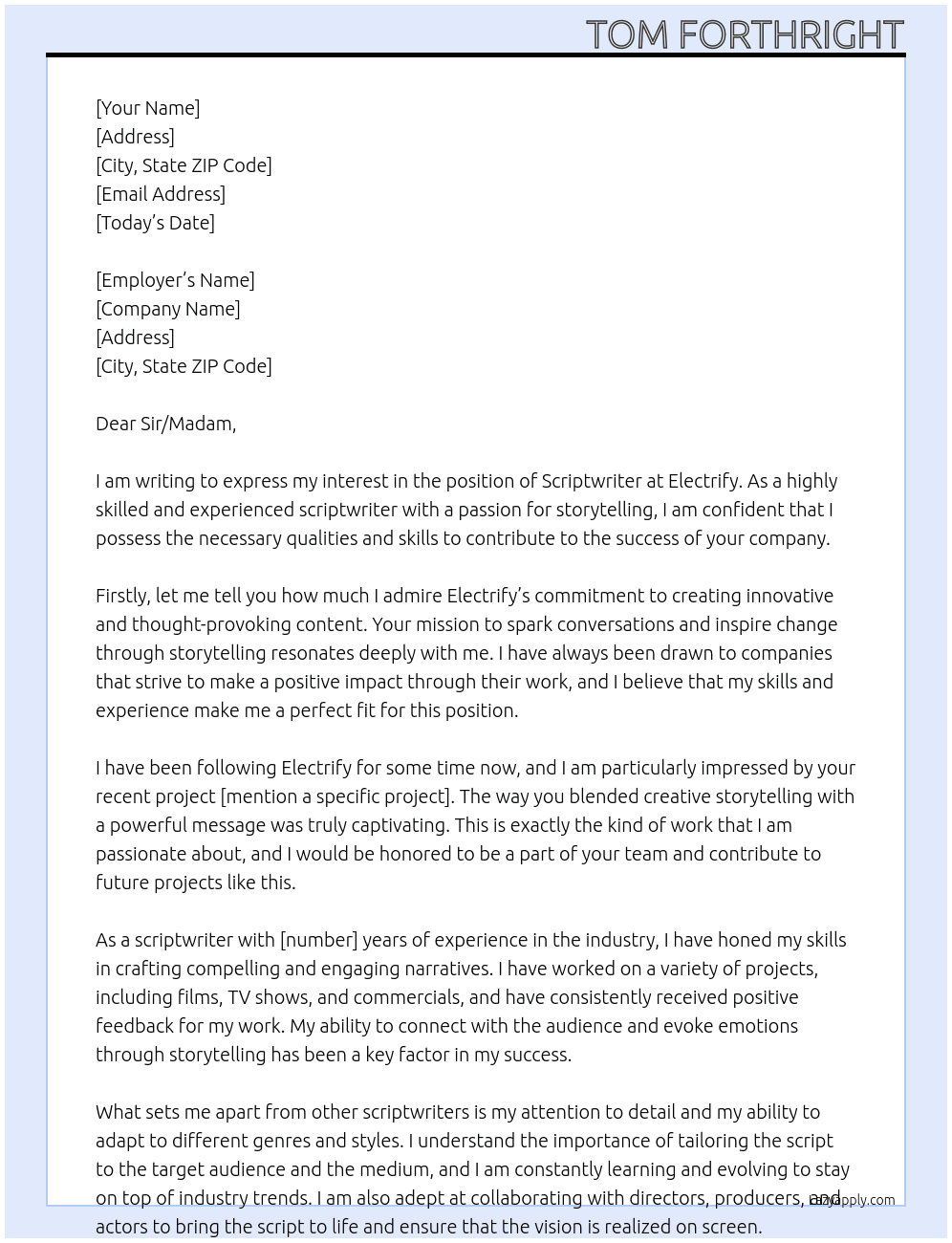 Scriptwriter At Electrify Cover Letter