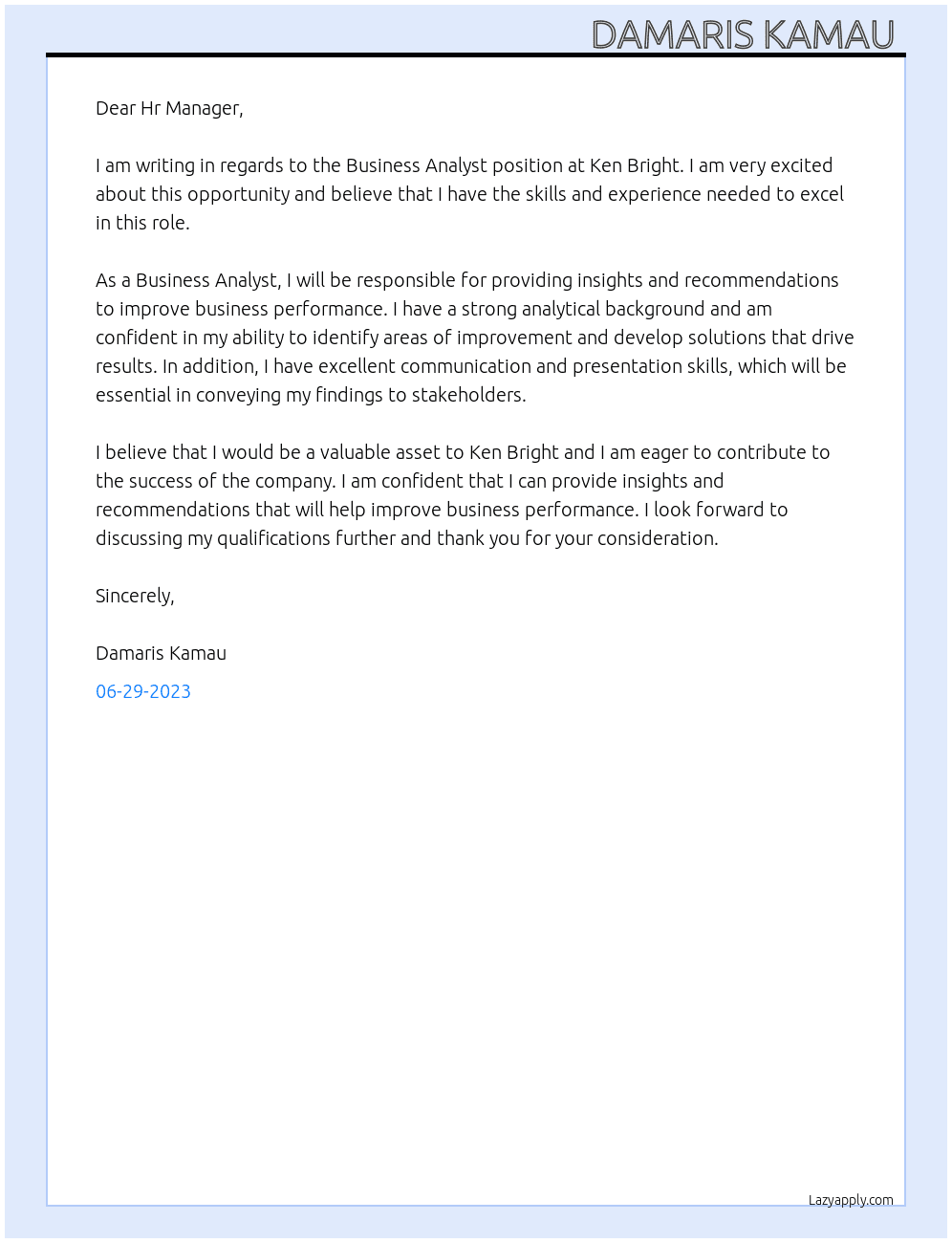 Business Analyst  At Ken Bright Cover Letter