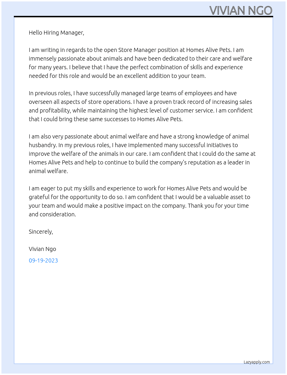 Store Manager At Homes Alive Pets Cover Letter