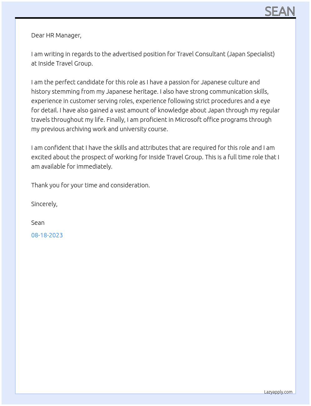 Travel Consultant (Japan Specialist) At Inside Travel Group Cover Letter