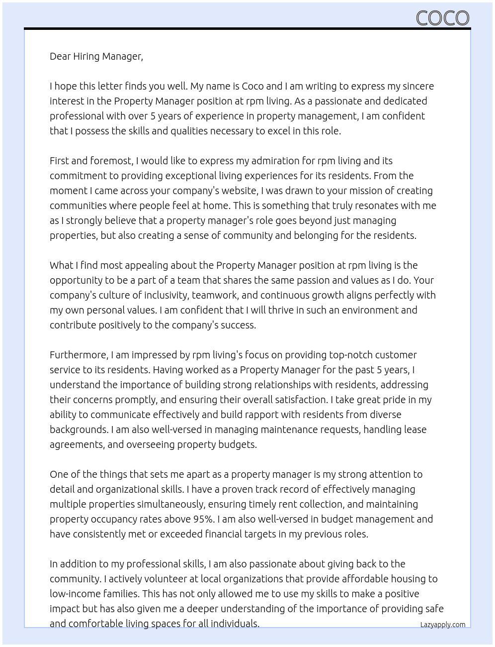 Property Manager At rpm living  Cover Letter
