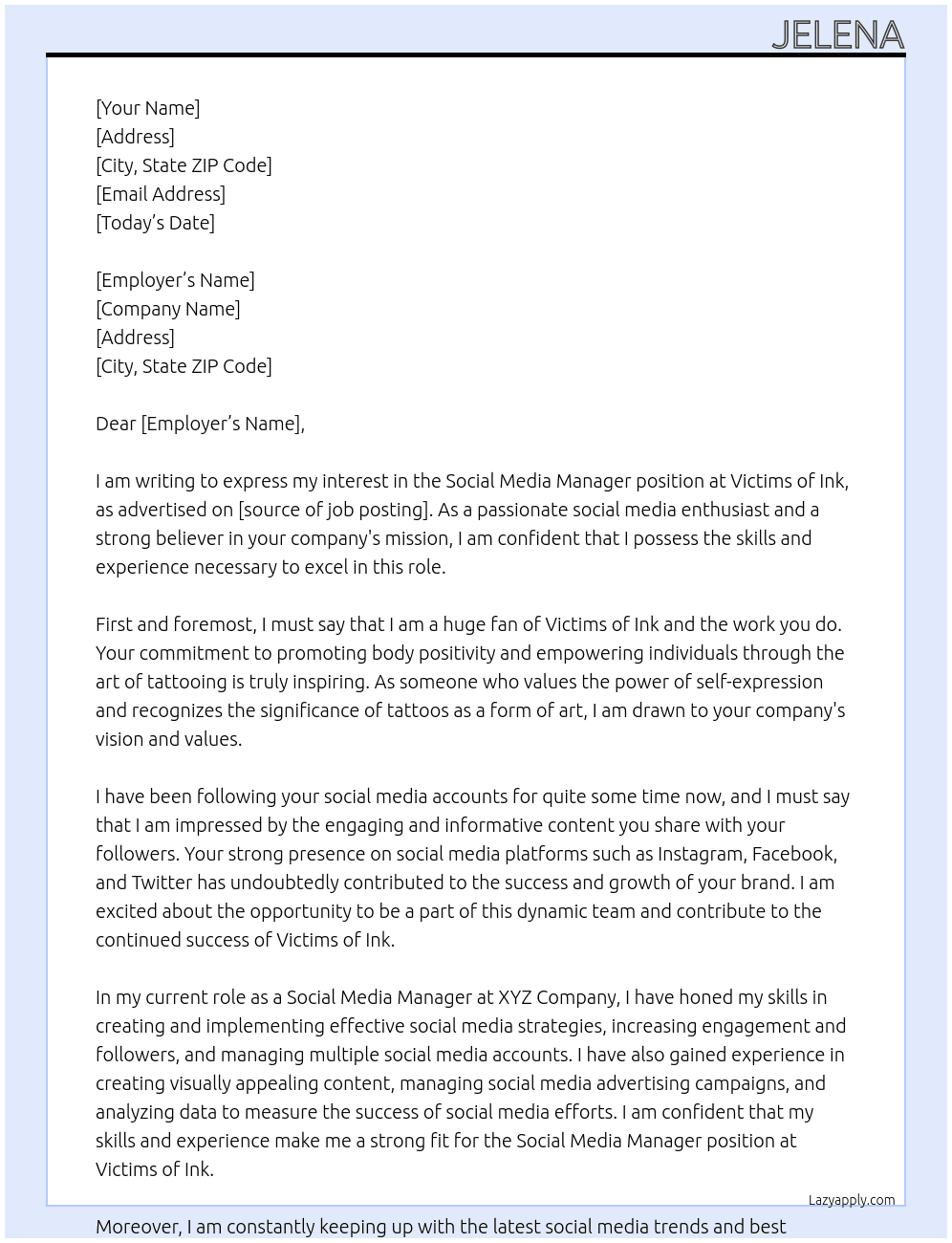Social Media Manager At Victims of Ink Cover Letter