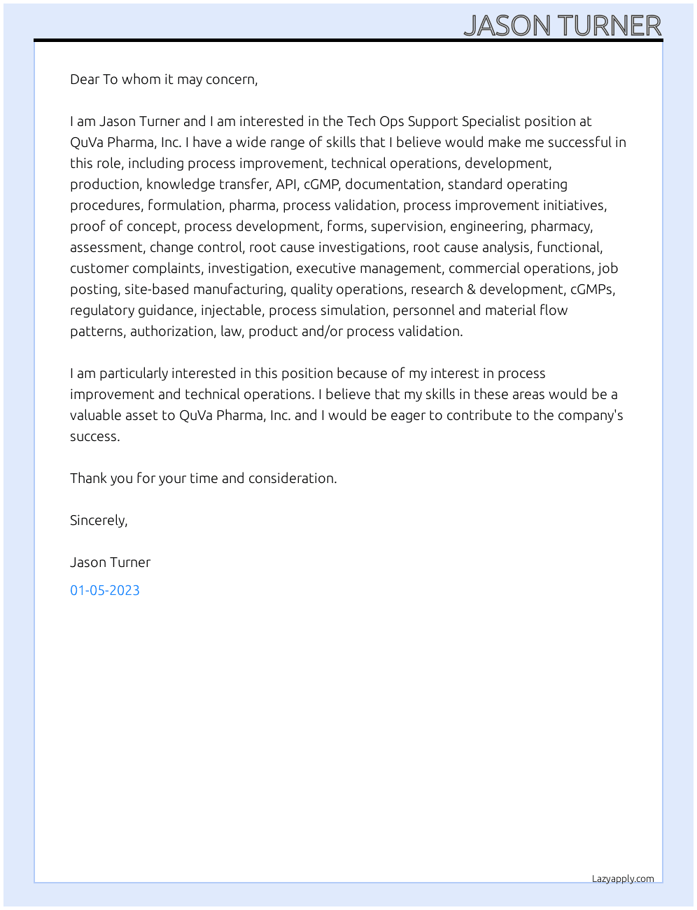Tech Ops Support Specialist At QuVa Pharma, Inc Cover Letter