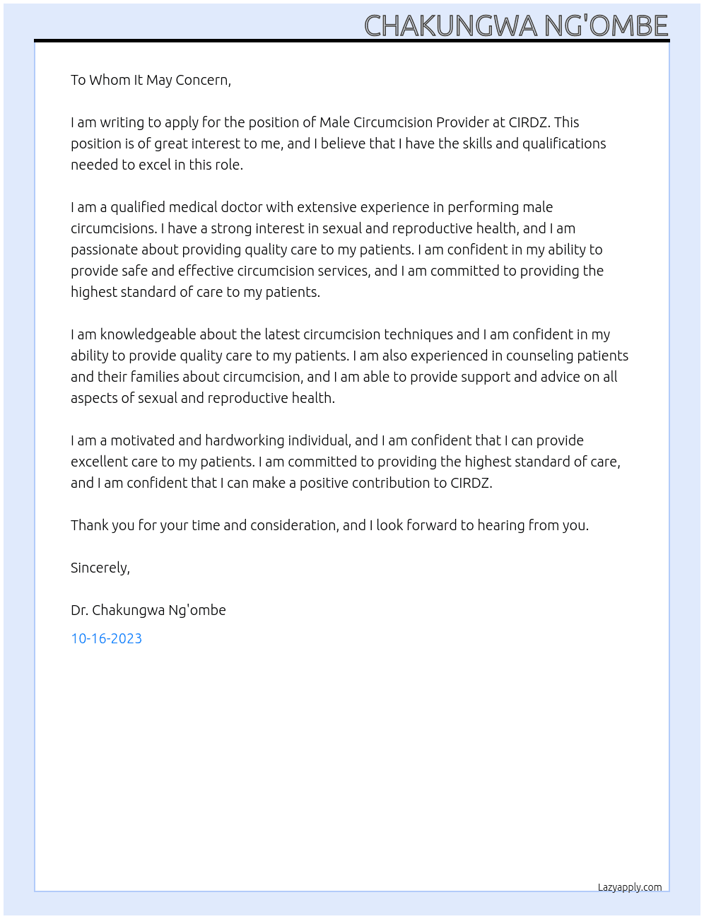 Male Circumcision Provider  At CIRDZ Cover Letter