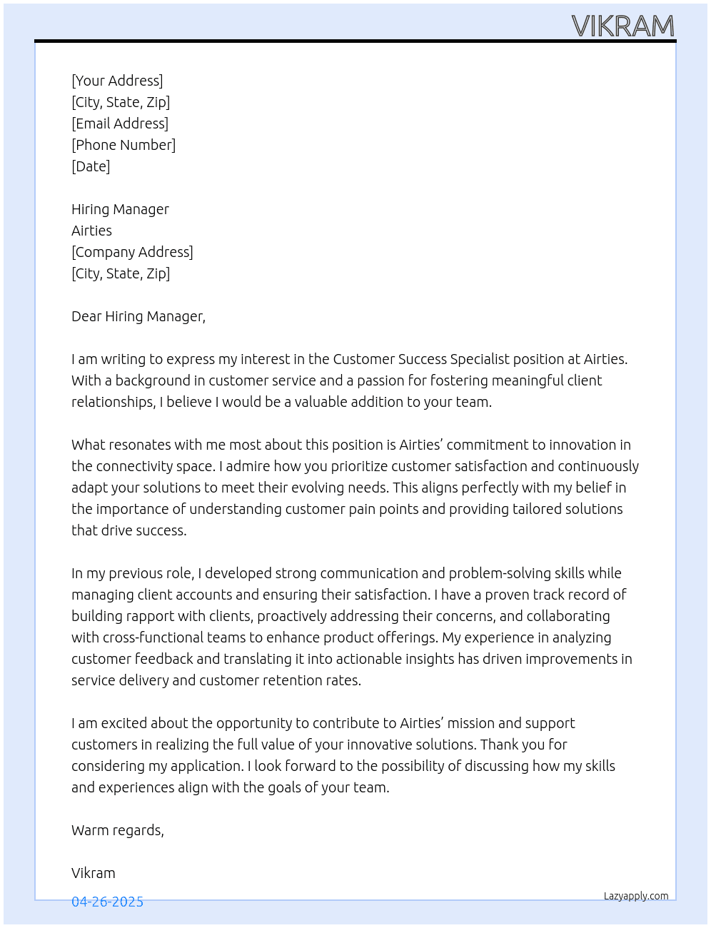 Customer Success Specialist  At Airties  Cover Letter