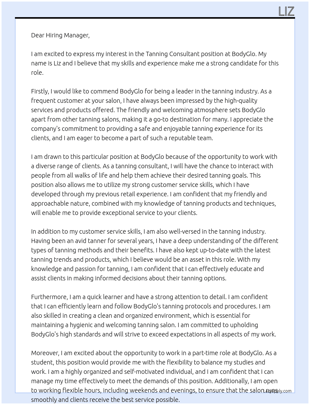tanning consultant At BodyGlo Cover Letter