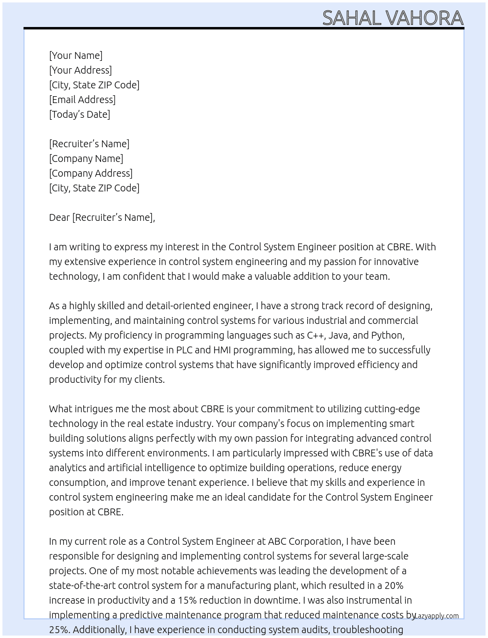 Control system engineer At CBRE Cover Letter