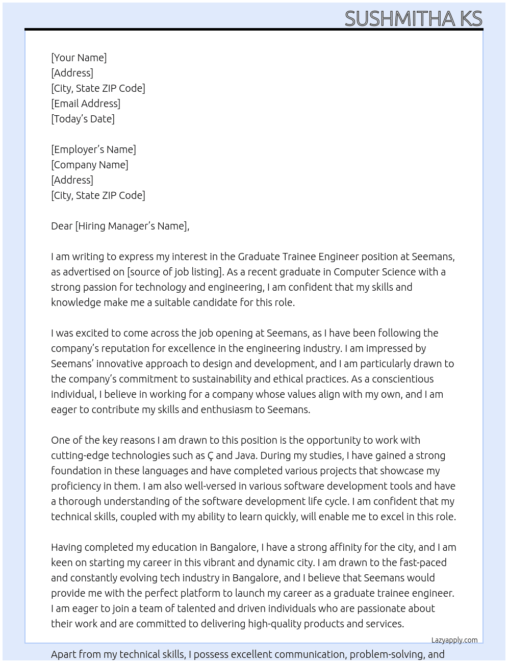 Graduate trainee engineer  At Seemans Cover Letter