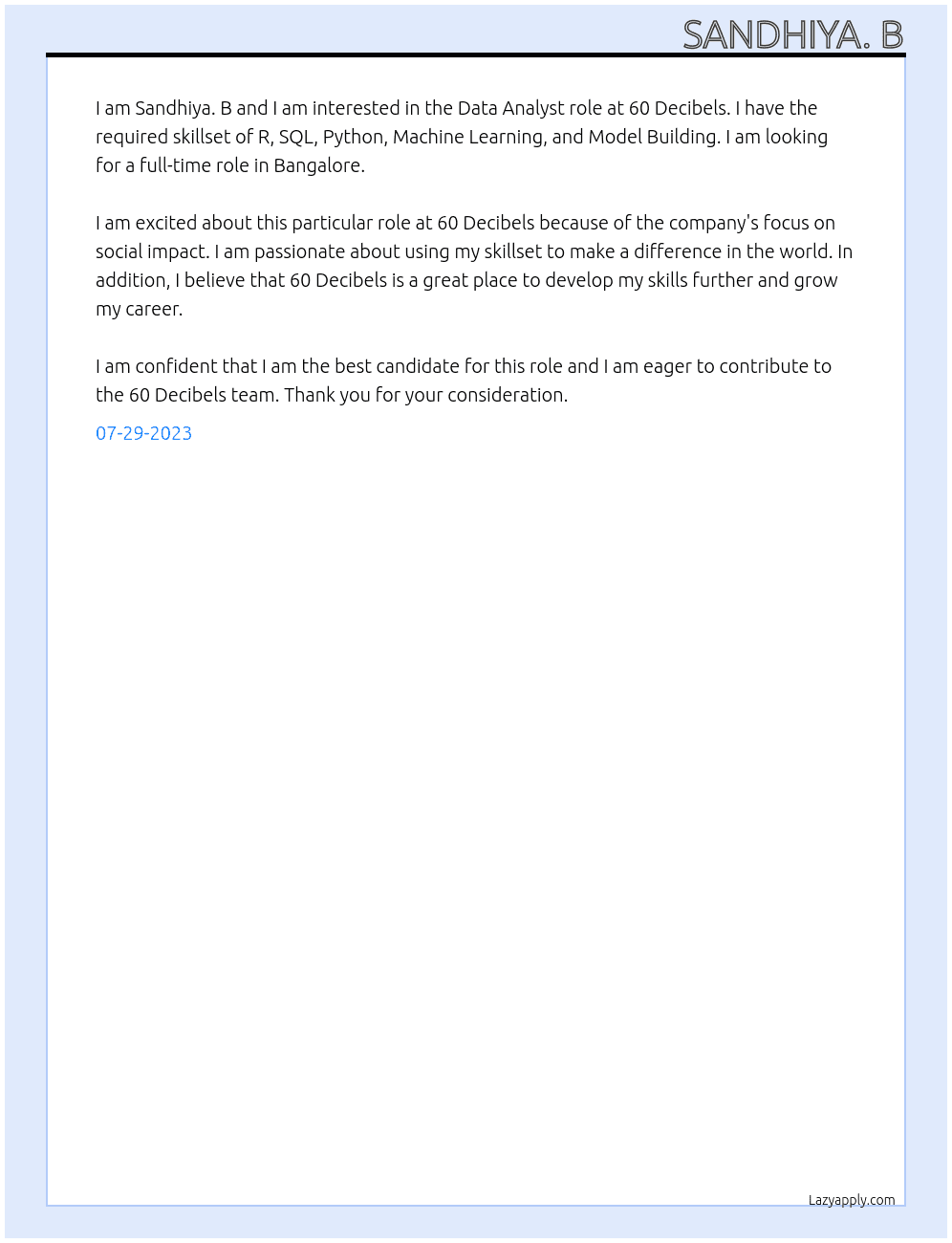 Data Analyst At 60 Decibels Cover Letter