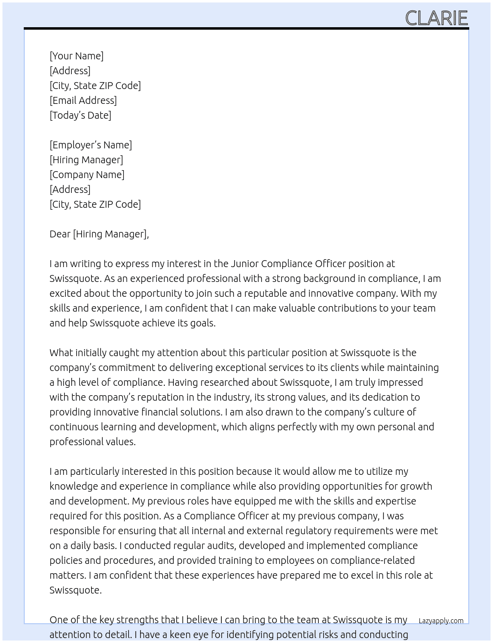 junior compliance officer At swissquote Cover Letter
