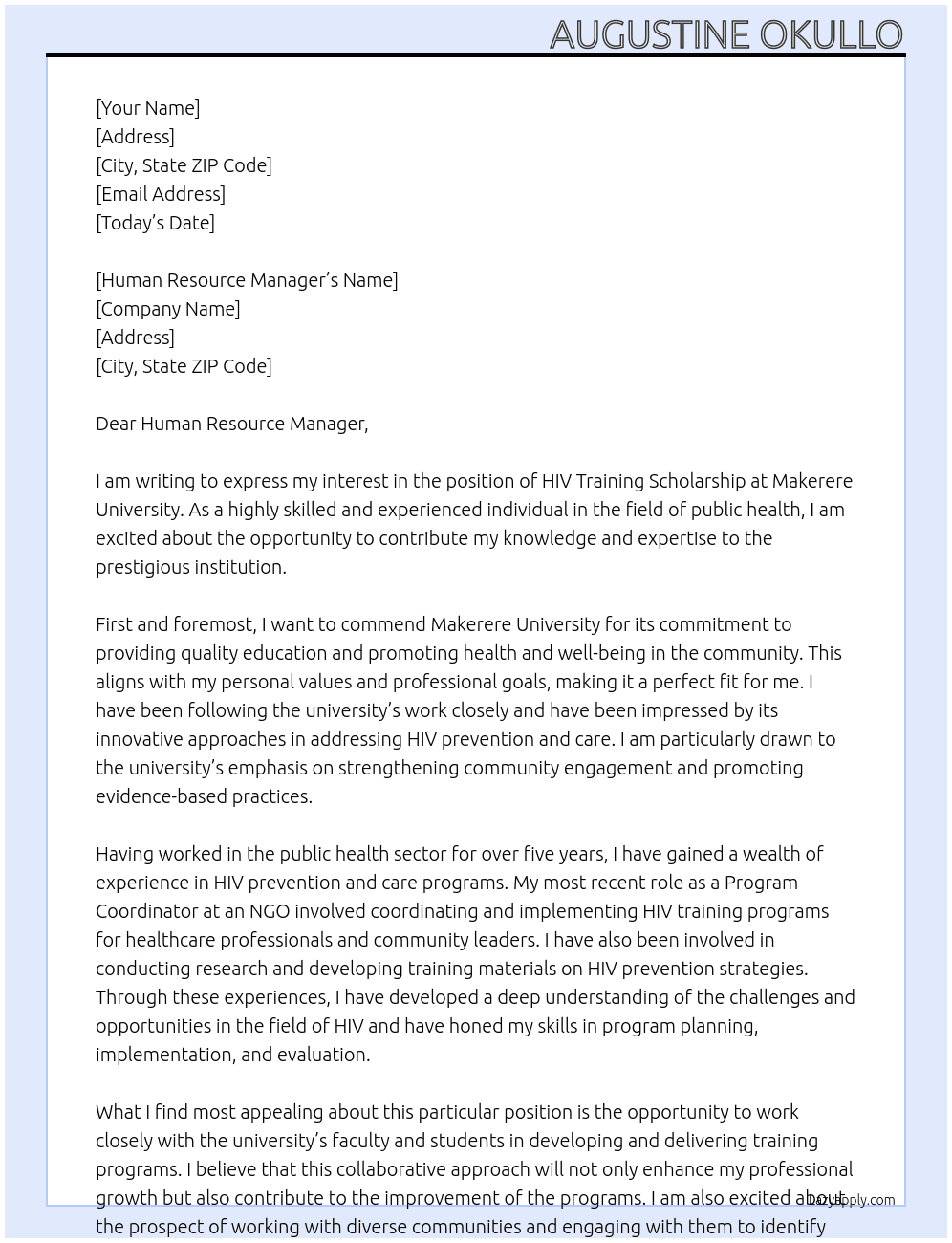 HIV training scholarship At Makerere University Cover Letter