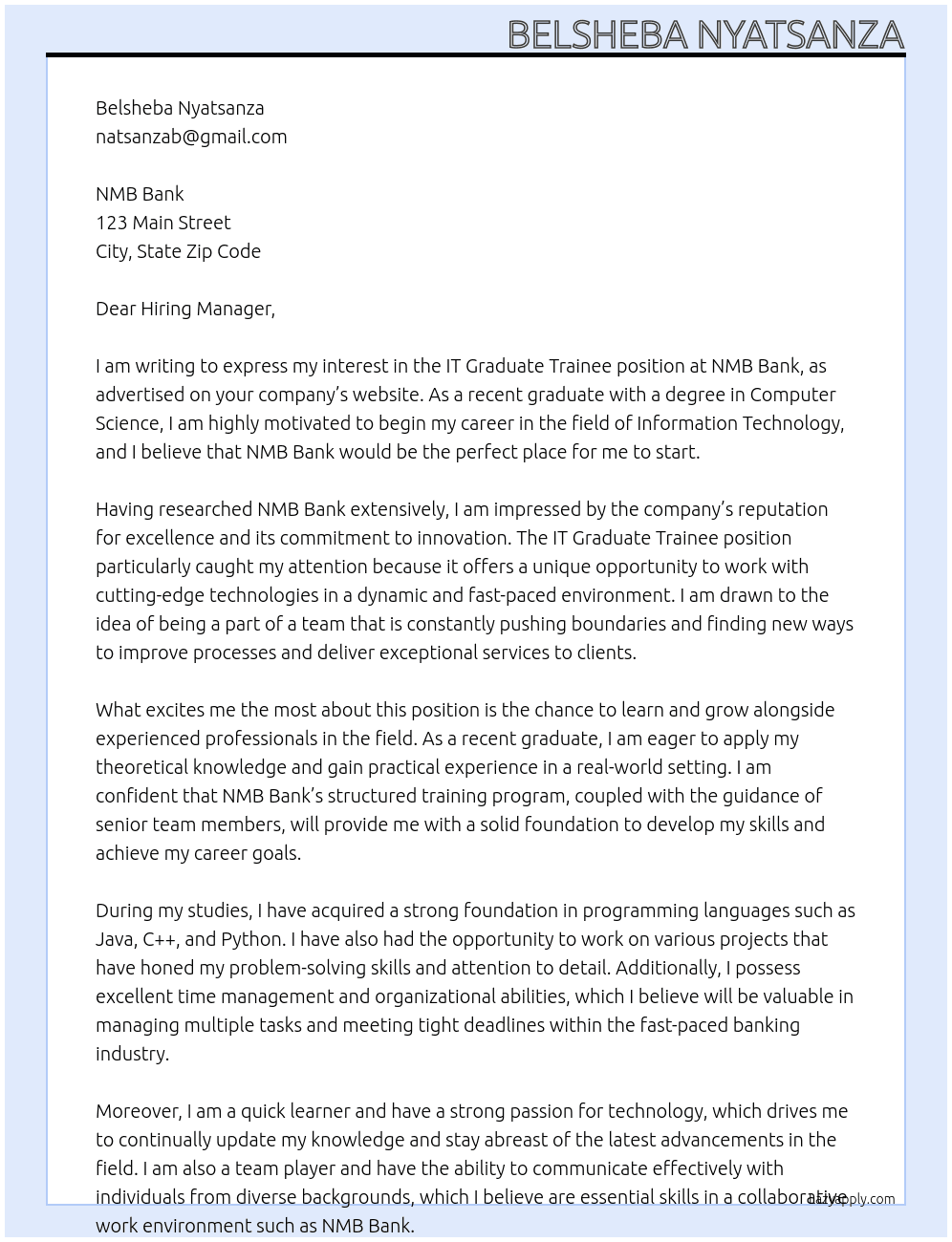 IT GRADUATE TRAINEE  At NMB Bank  Cover Letter