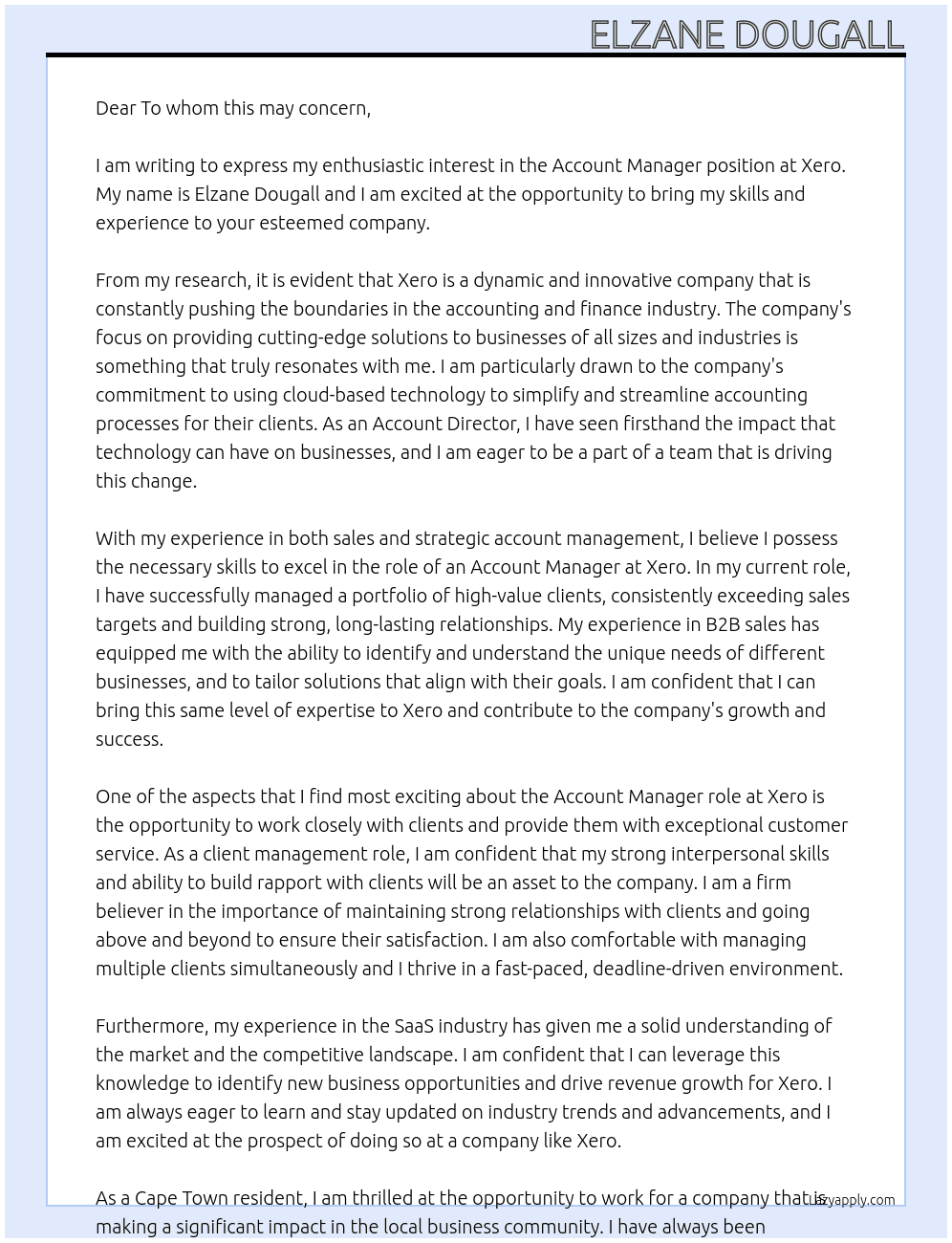 Account manager At Xero Cover Letter