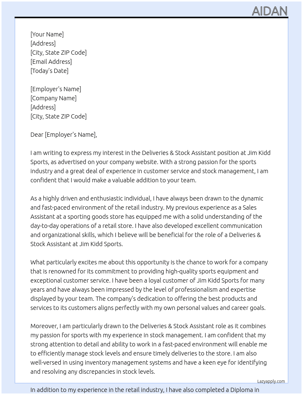 Deliveries & Stock Assistant At Jim Kidd Sports Cover Letter