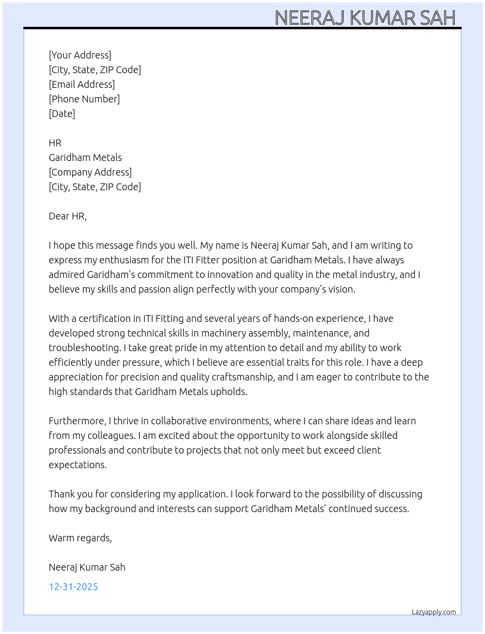 iti fitter At Garidham matels Cover Letter