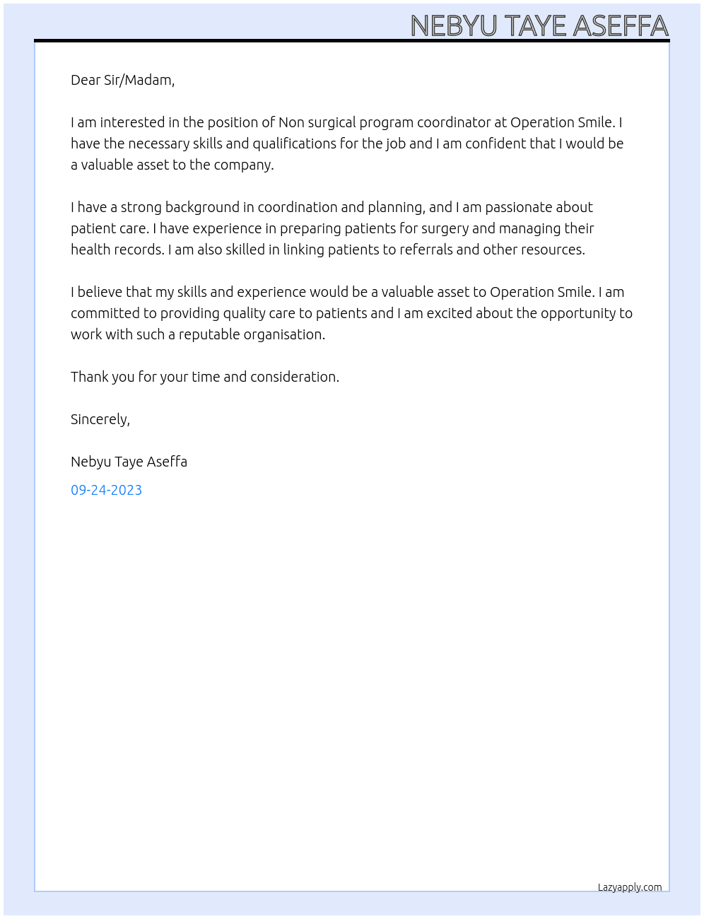 Non surgical program coordinator At Operation smile Cover Letter
