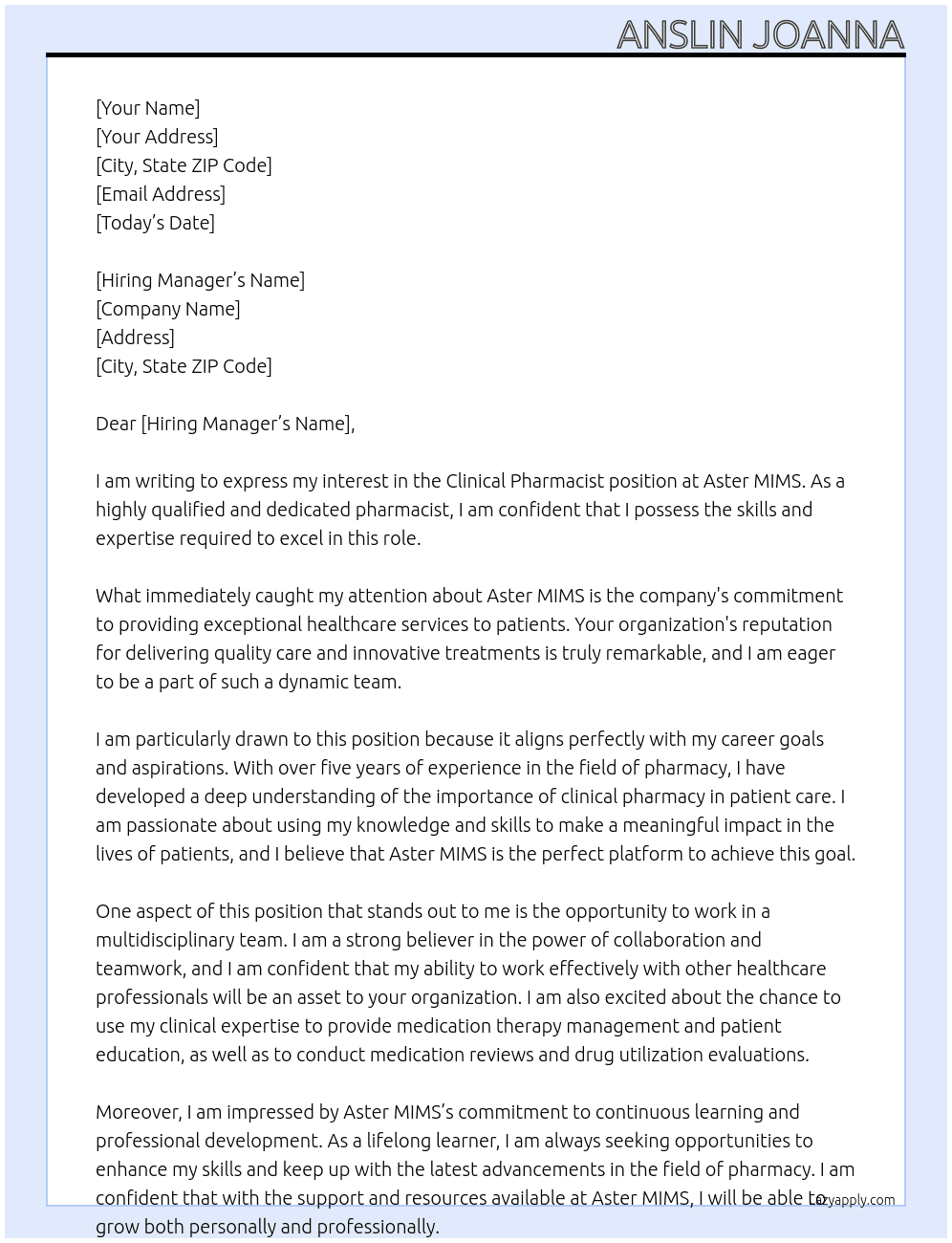 clinical pharmacist At Aster MIMS Cover Letter