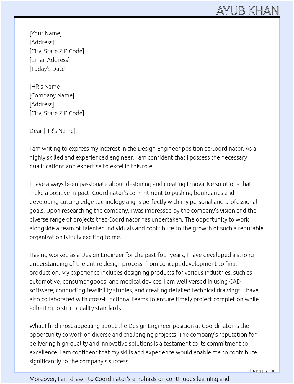 Design Engineer  At Coordinator  Cover Letter
