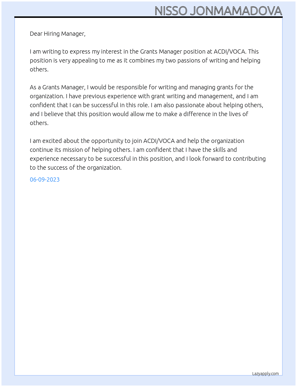Grants Manager At ACDI/VOCA Cover Letter