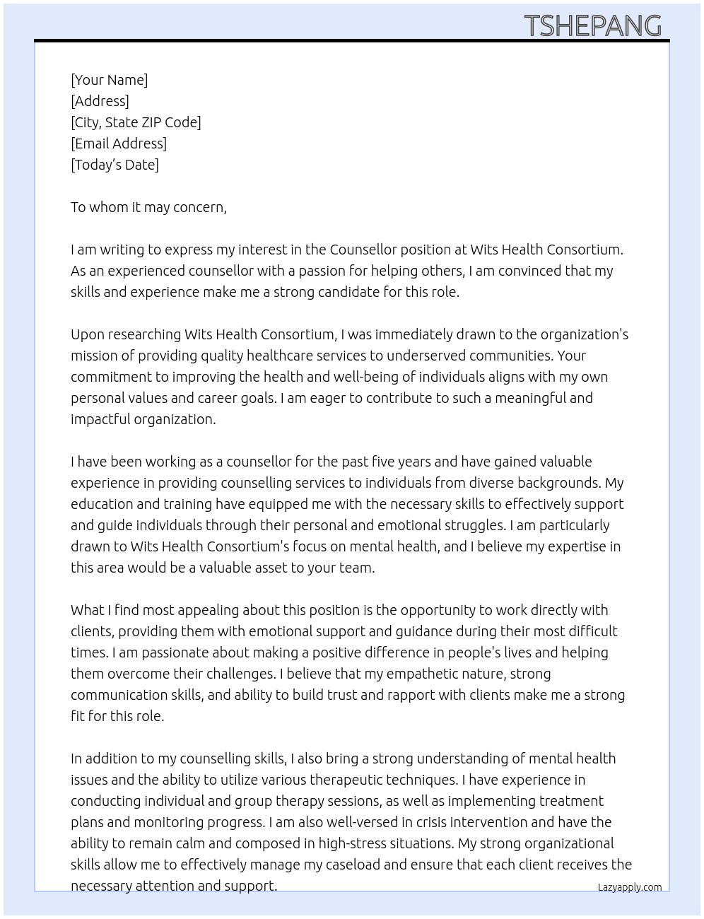 Counsellor At Wits Health Consortium  Cover Letter
