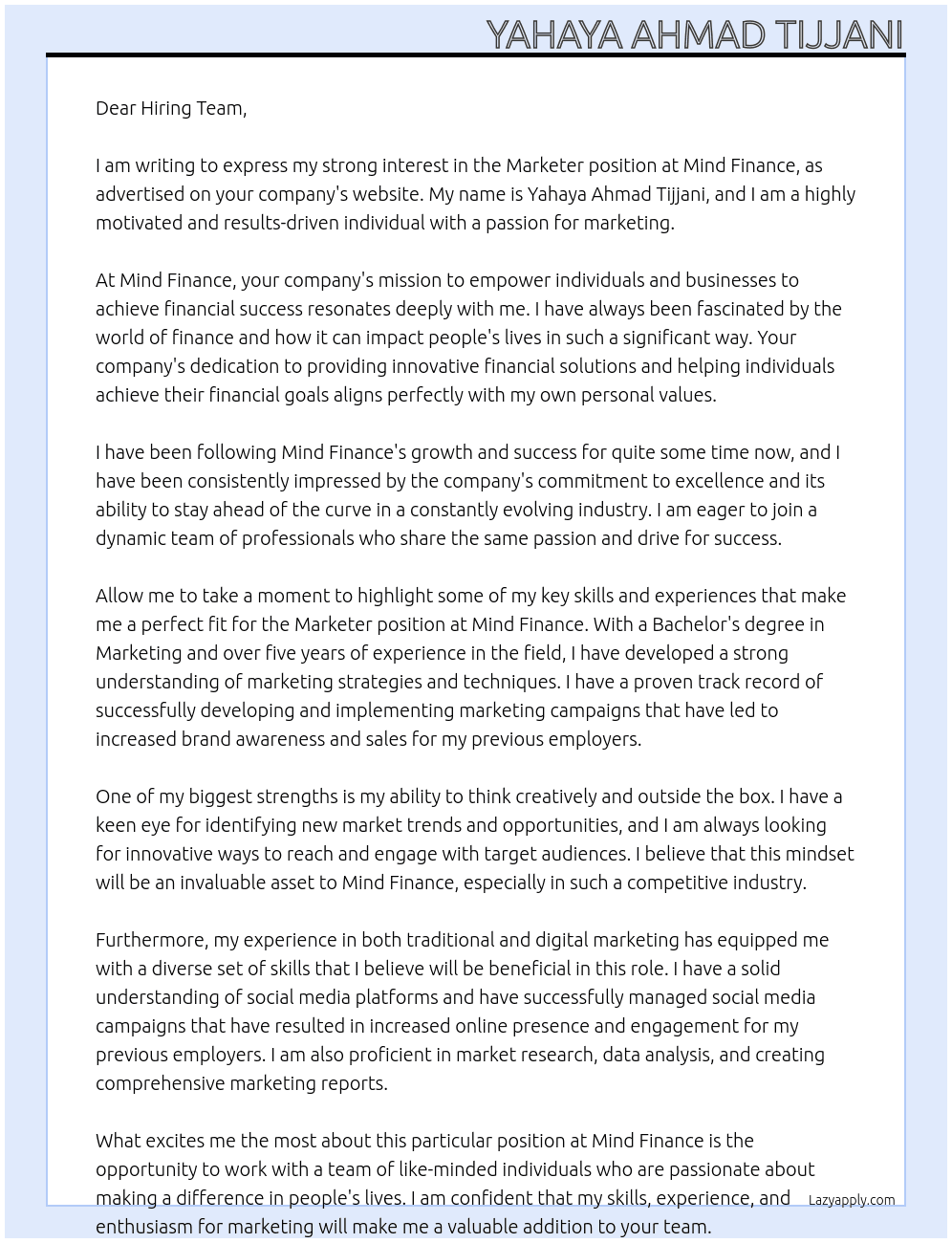 Markerter  At Mind Finance Cover Letter
