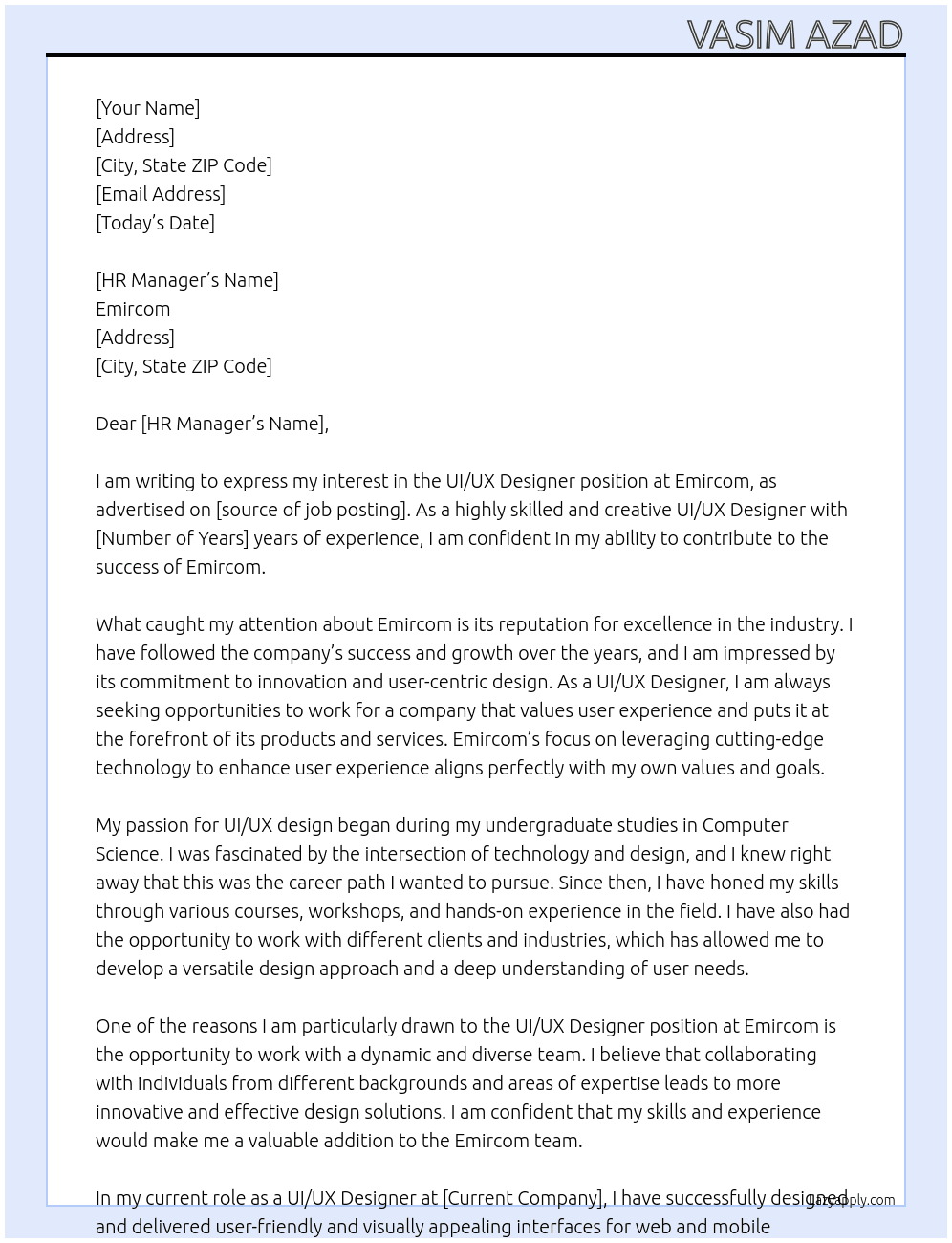 UI/UX Designer At Emircom Cover Letter