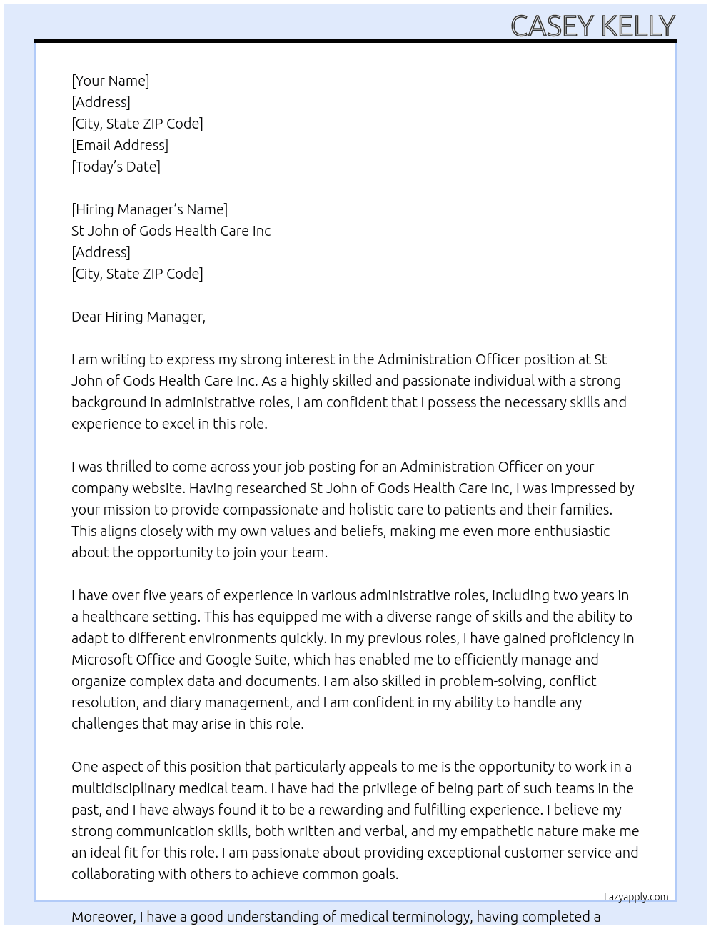 Administration Officer  At St John of Gods Health Care Inc Cover Letter