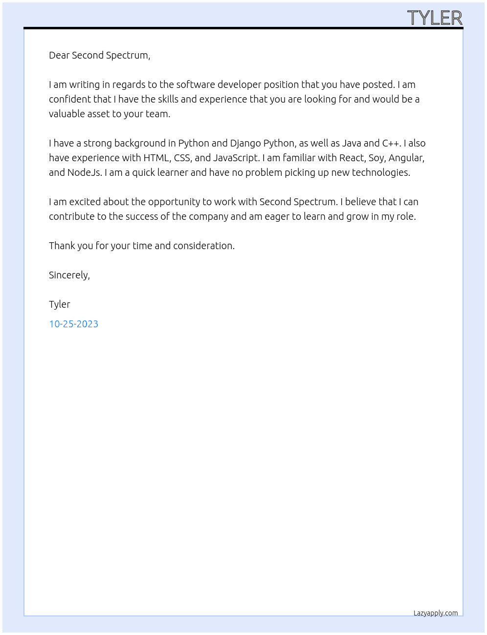 software developer At Second Spectrum Cover Letter