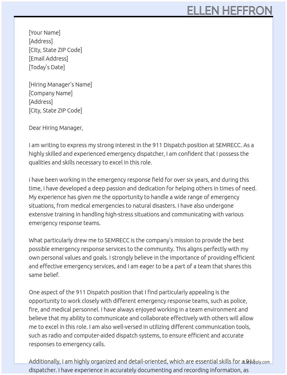 911 Dispatch At SEMRECC Cover Letter