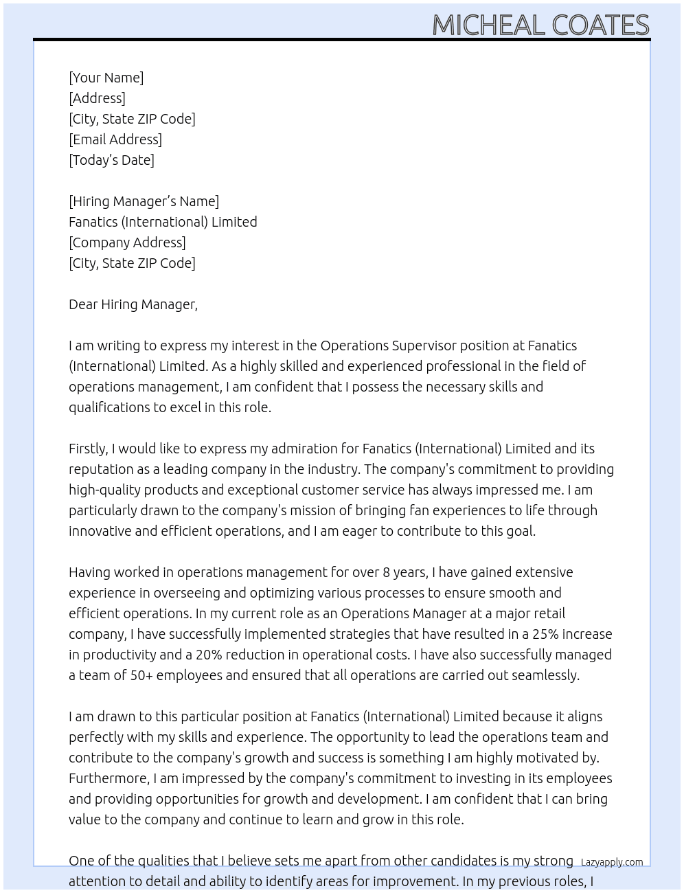 Operations Supervisor At Fanatics (International) Limited Cover Letter