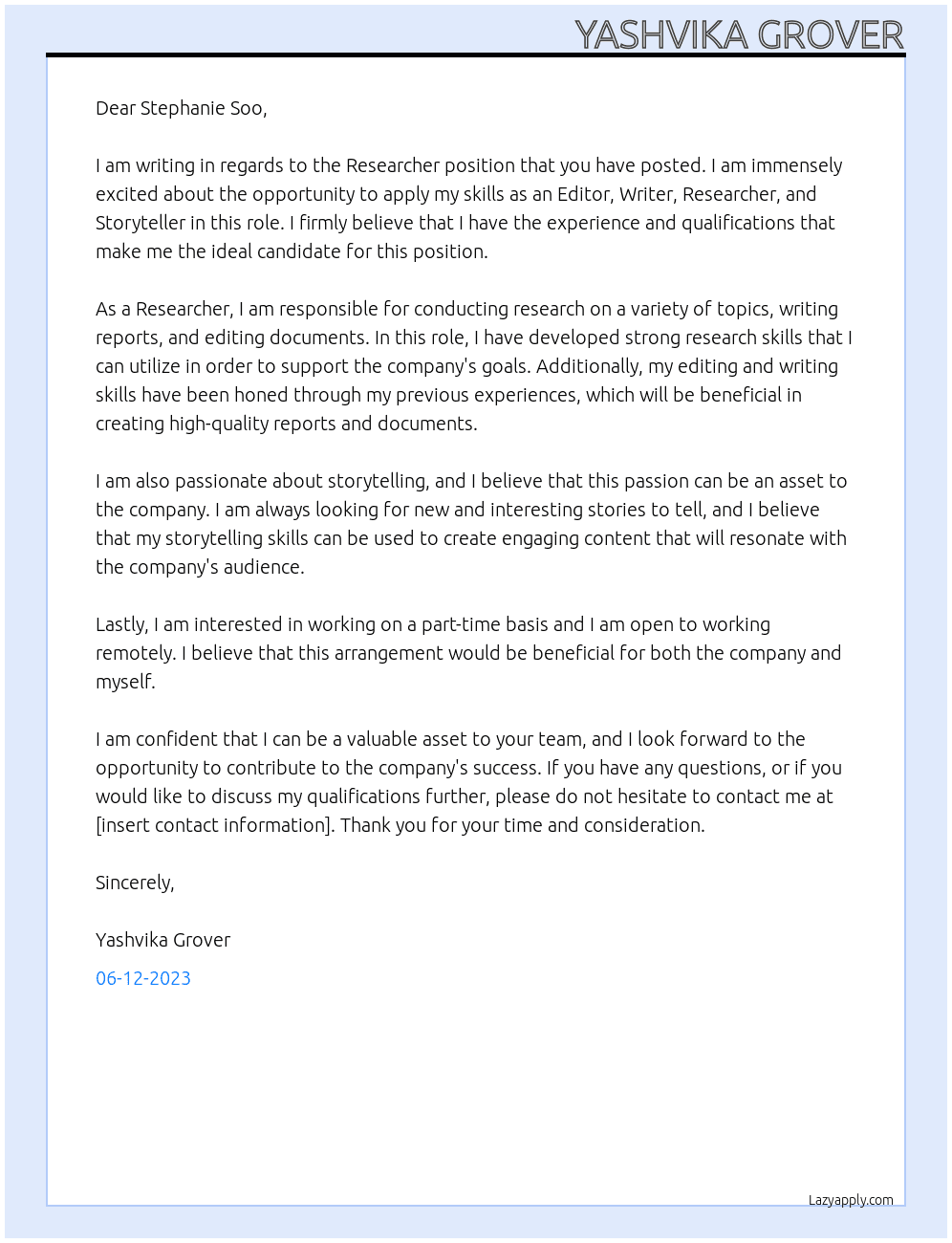 Researcher  At Stephanie Soo Cover Letter