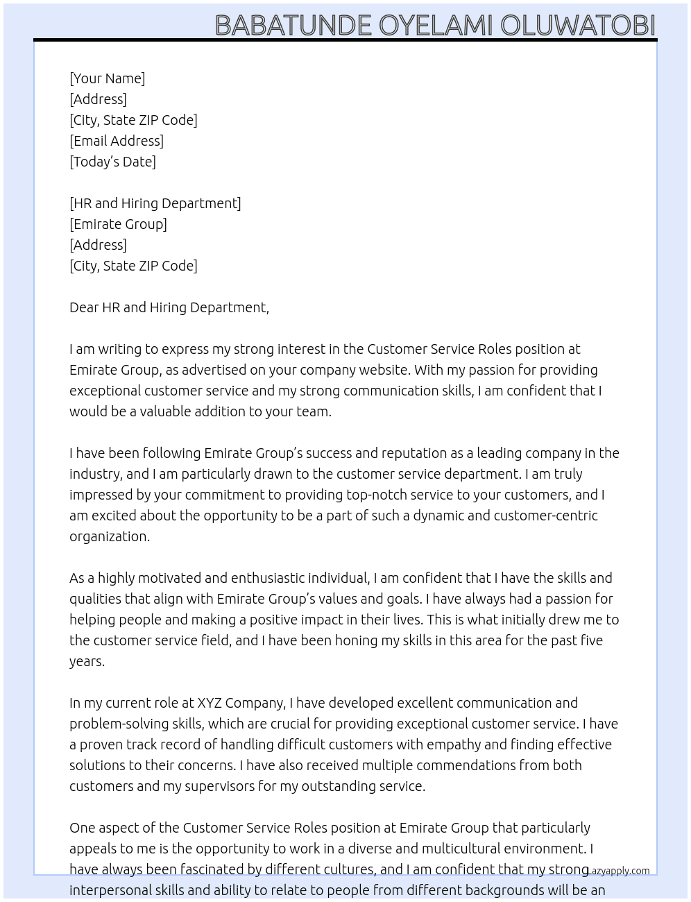 Customer Service Roles At EMIRATE GROUP Cover Letter