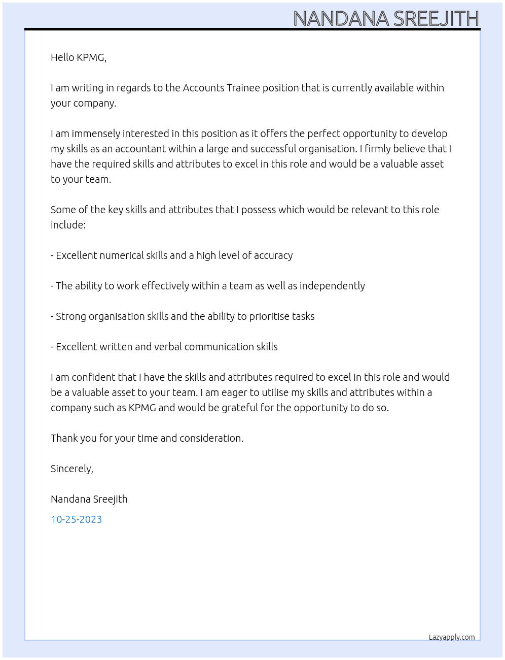 ACCOUNTS TRAINEE At KPMG Cover Letter
