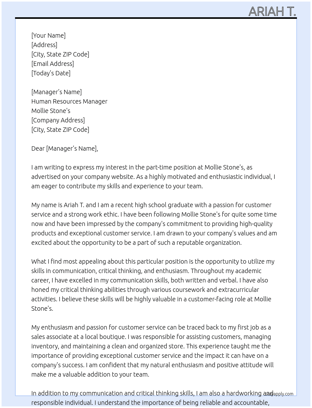 Mollie Stones At Mollie Stone's Cover Letter