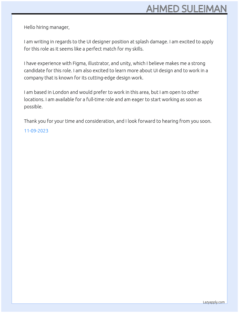 UI designer At splash damage Cover Letter