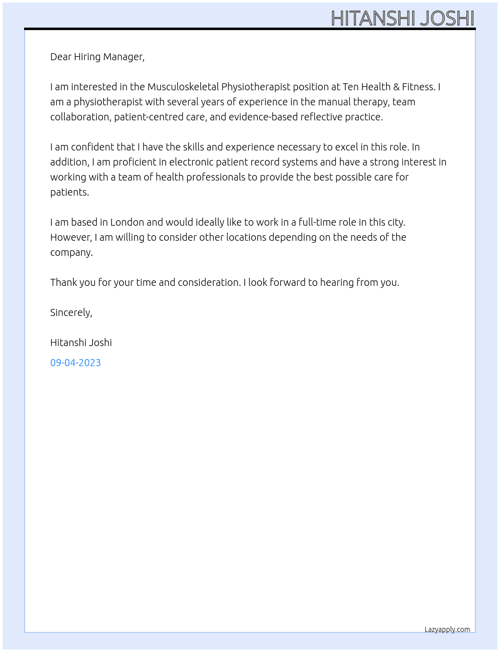 Musculoskeletal Physiotherapist At Ten Health & Fitness Cover Letter