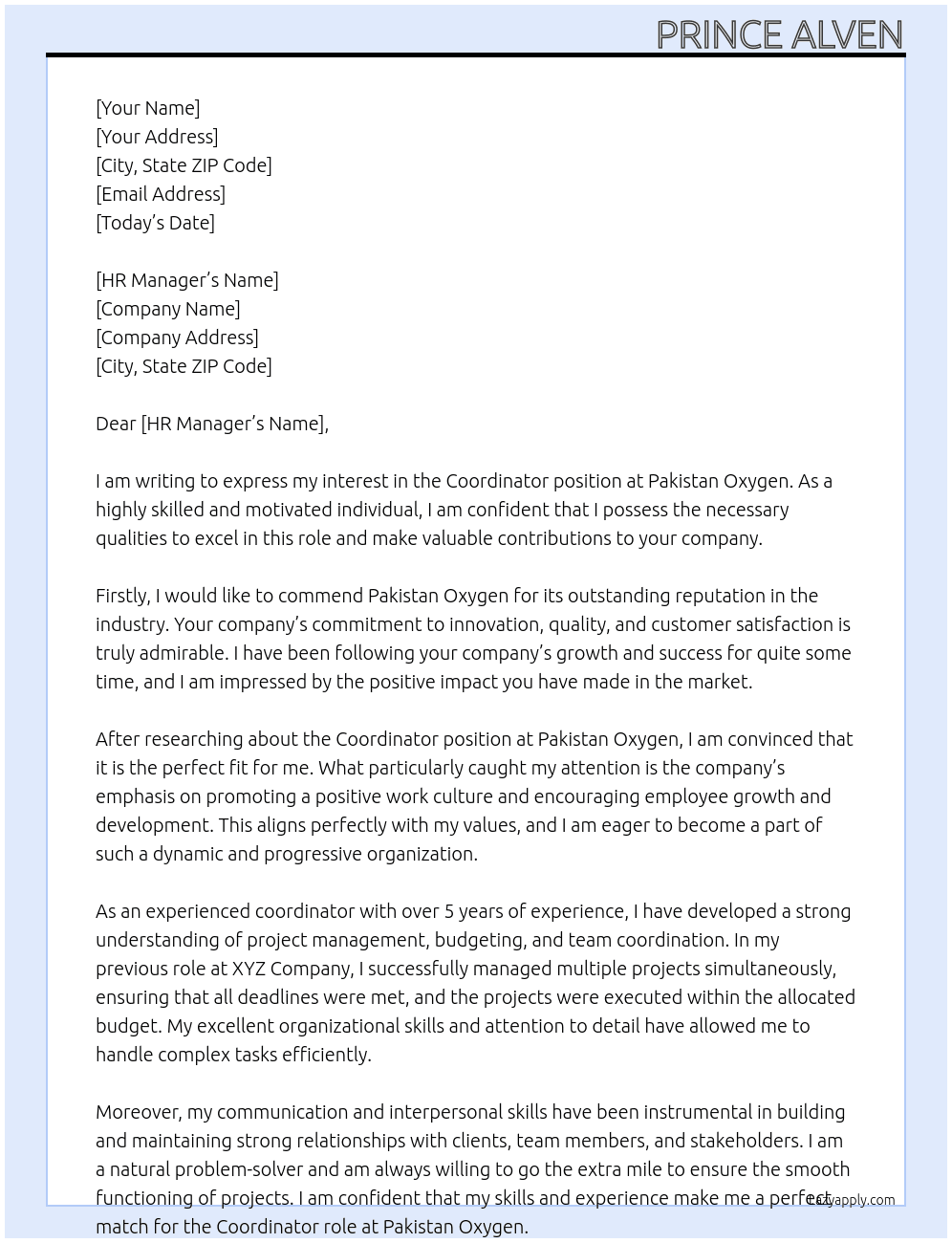 coordinator  At Pakistan Oxygen Cover Letter