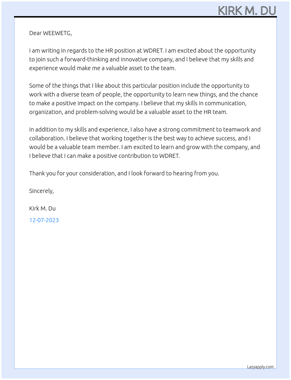HR At WDRET Cover Letter